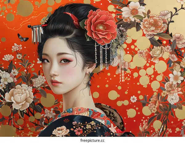 Portrait of a Japanese woman with red and white flowers in her hair