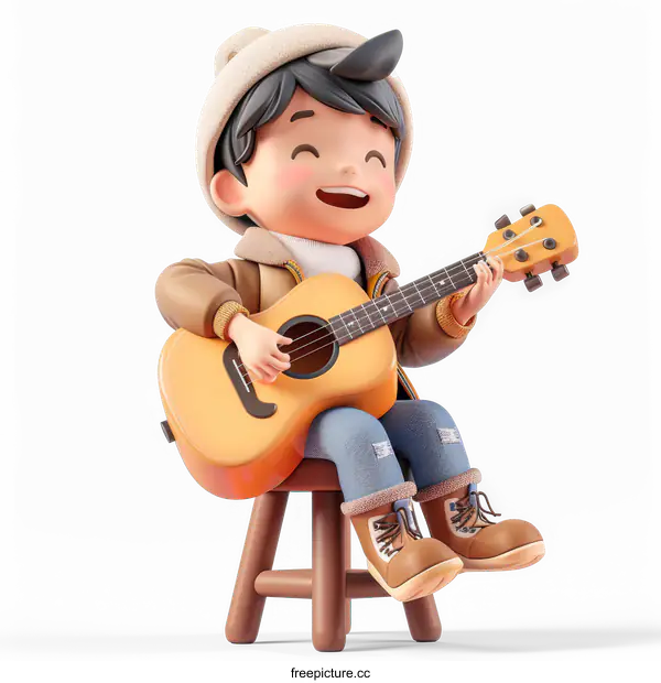 [Transparent Background PNG]Cute Cartoon Boy Playing Guitar on Chair