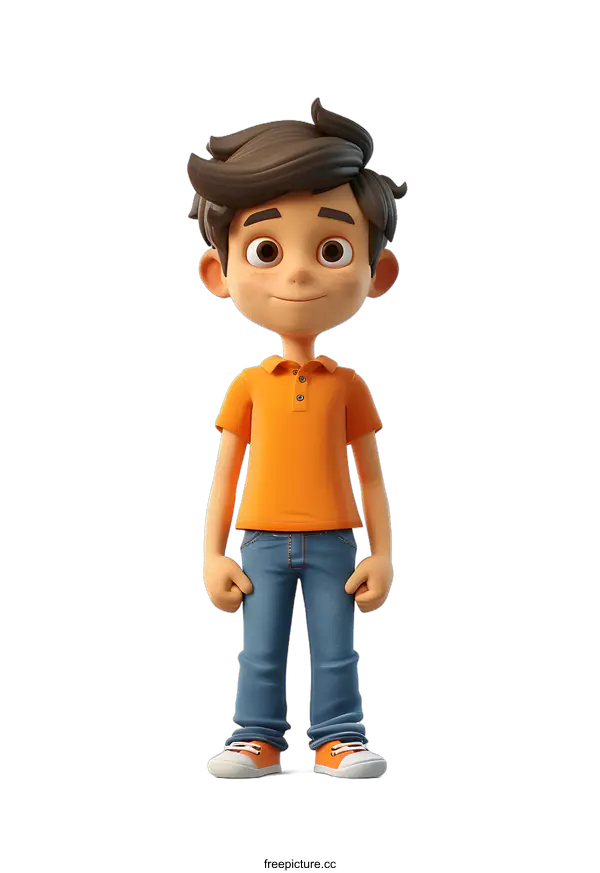 [Transparent Background PNG]Smiling Cartoon Boy in Orange Shirt and Jeans