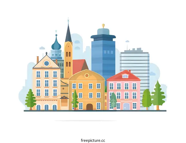 Cityscape with Buildings and Trees Illustration