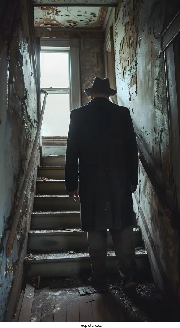 A man is standing on the stairs, his back looks lonely.