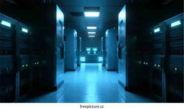 Modern Data Center with Rows of Server Racks and Corridor
