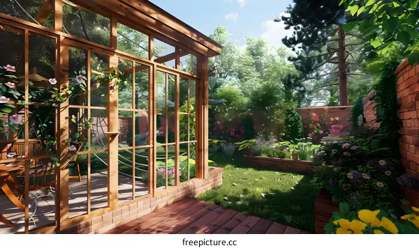 Sunlit Garden Patio with Brick Walls and Flowers