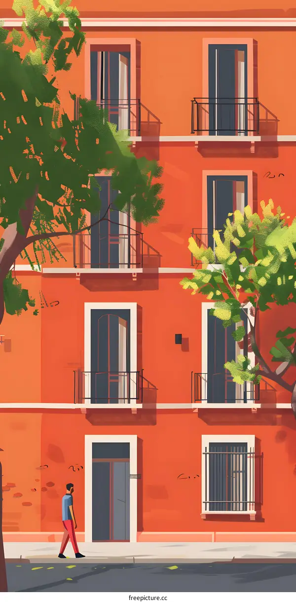 Orange Building with Balconies and a Man Walking