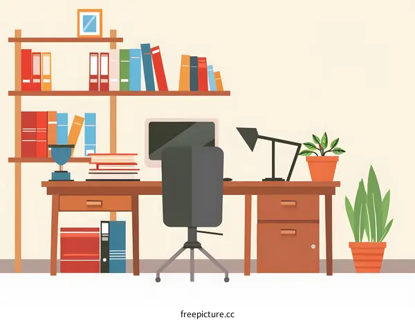 Modern Home Office Interior Design with Bookshelf, Desk, and Chair