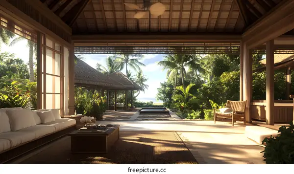 Tropical Villa Interior Design With View of Ocean and Palm Trees