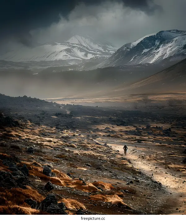 Lonely Figure Walking on a Path in a Mountainous Landscape