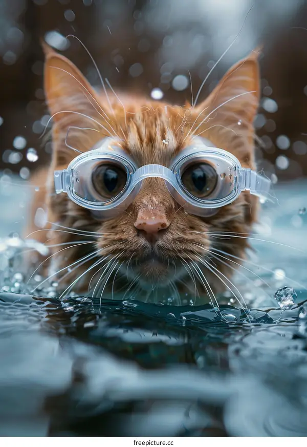 A ginger cat wearing swimming goggles is swimming in a lake
