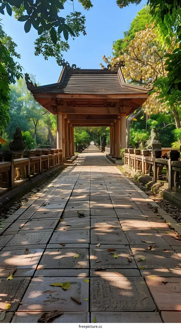 Long stone walkway with a pavilion at the end