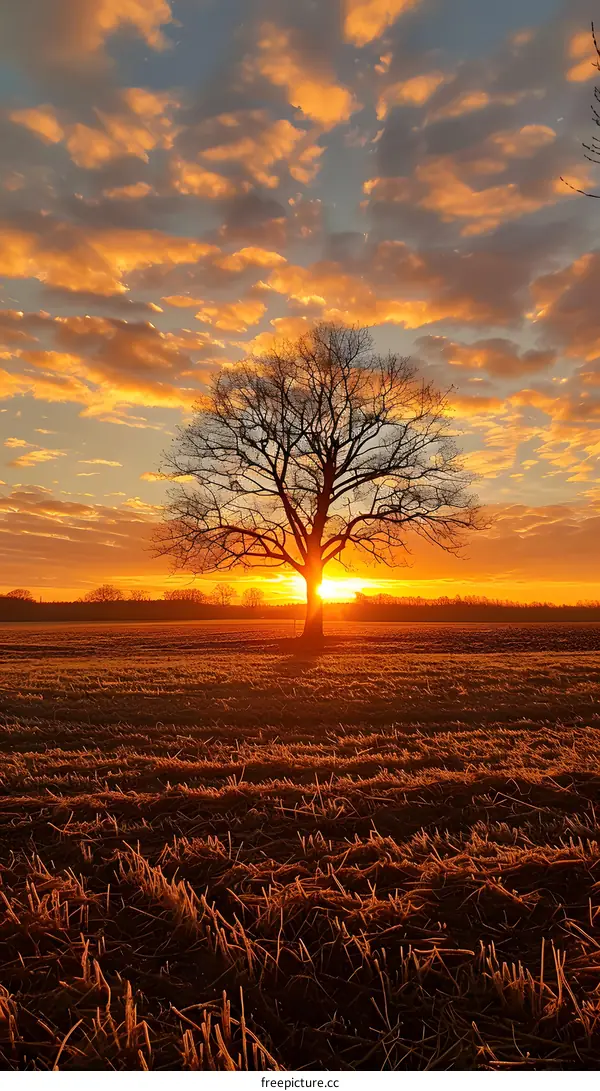 Golden Hour Tree Silhouette in Field