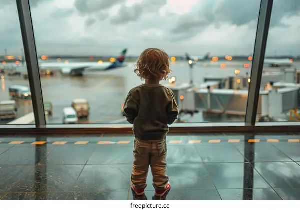 Little boy looking out the window at the airport