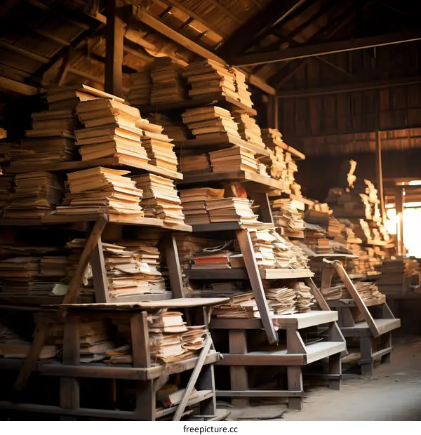Stacks of Old Books in a Wooden Barn