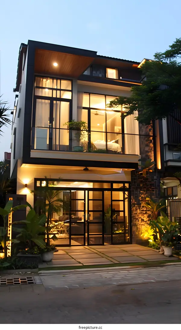 Modern Two Story House With Black Windows
