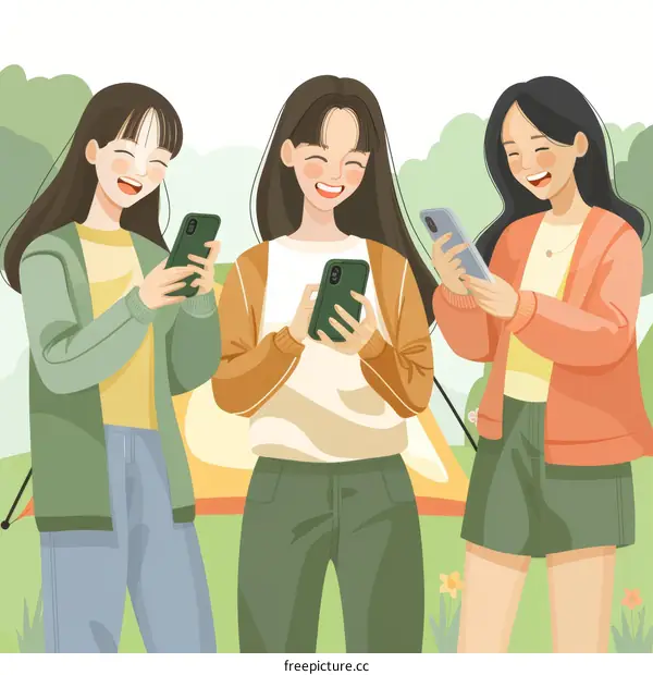 Three young women standing in front of a tent and looking at their phones