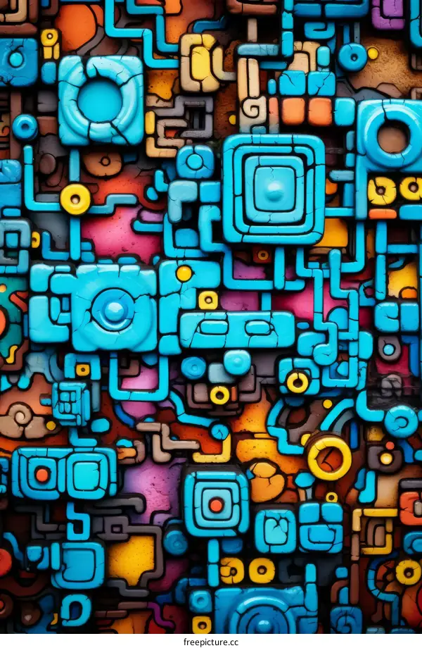 Colorful geometric shapes and patterns resembling an ancient civilization's tablet