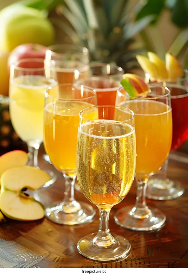 Sparkling Apple Cider in Glasses with Fruit Garnish