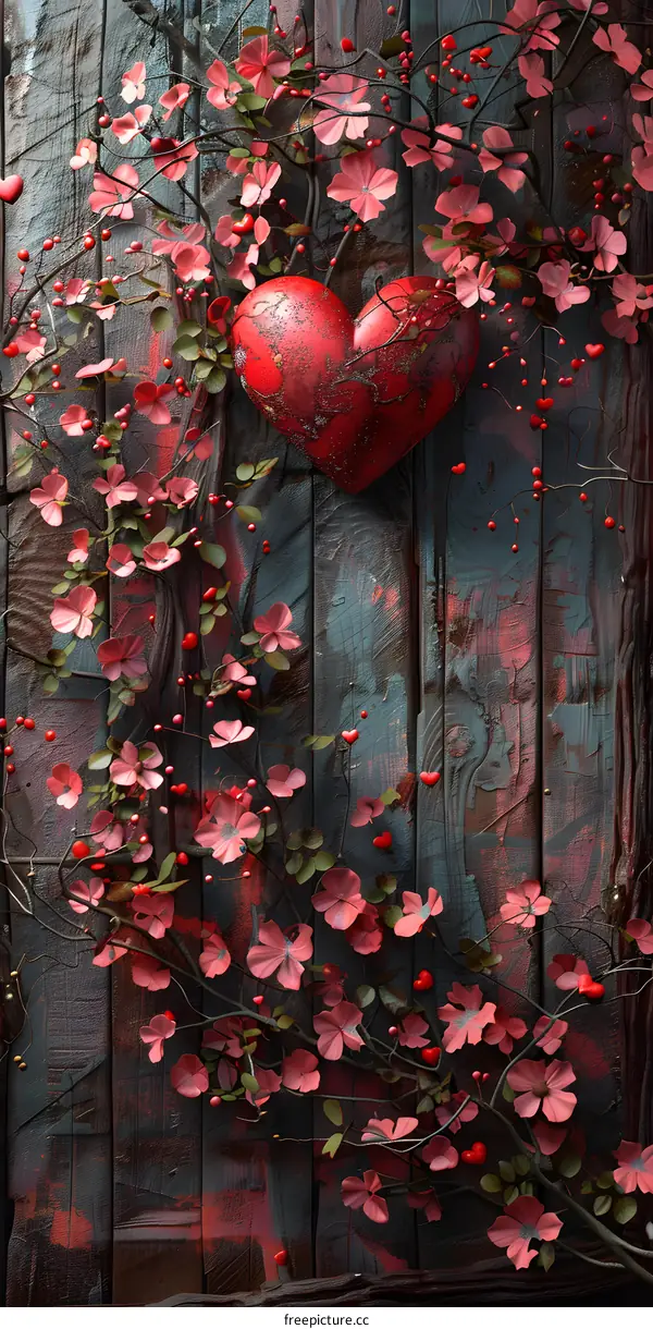 Pink flowers and green vines surround a red heart