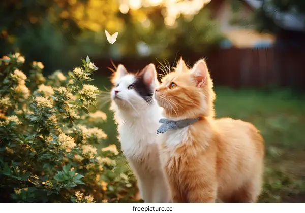 Two Adorable Cats Watching a Butterfly in a Garden