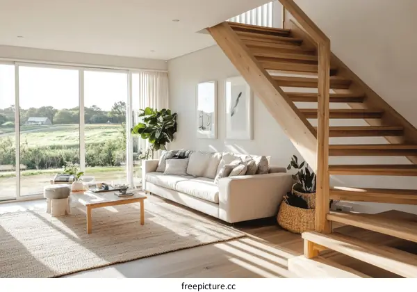 Modern Minimalist Living Room with Wooden Staircase