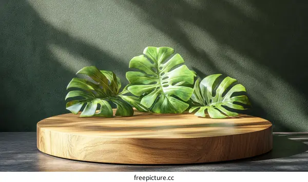 Green Tropical Leaves on Wooden Display Platform