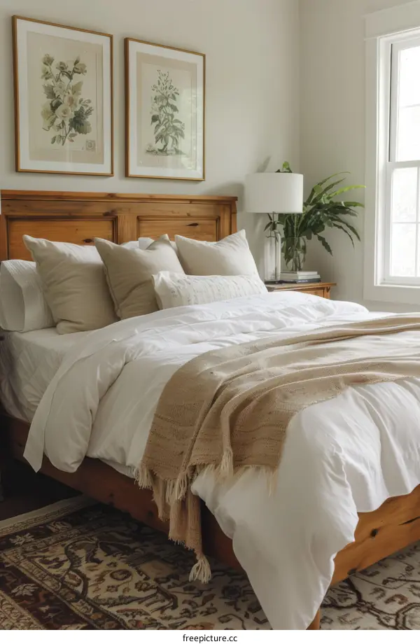 Cozy Bedroom with White Bedding and Wood Furniture