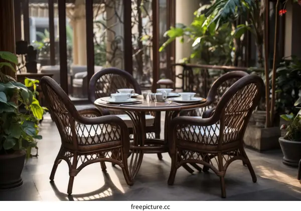 wicker chairs and table in a sunroom