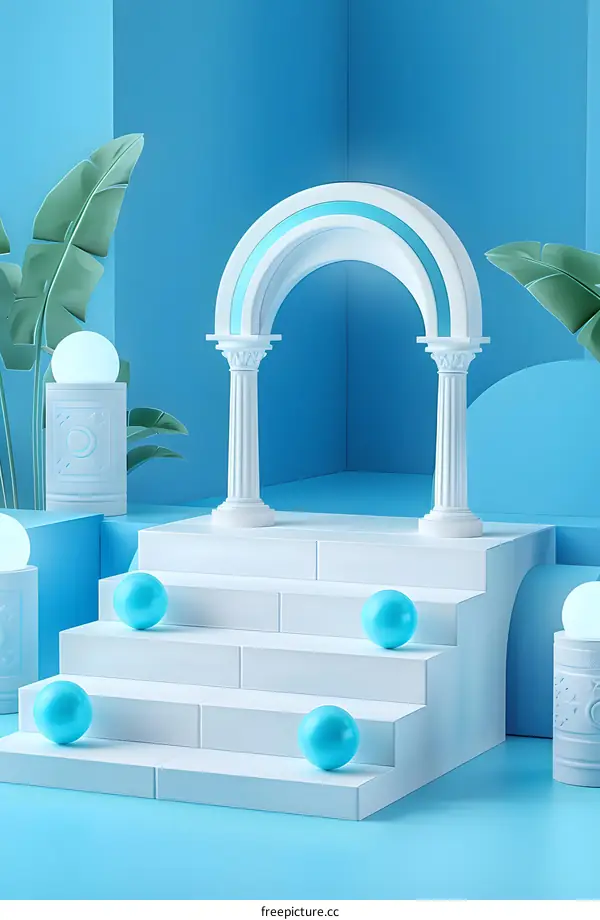 Blue and White 3D Render of an Archway with Stairs and Spheres