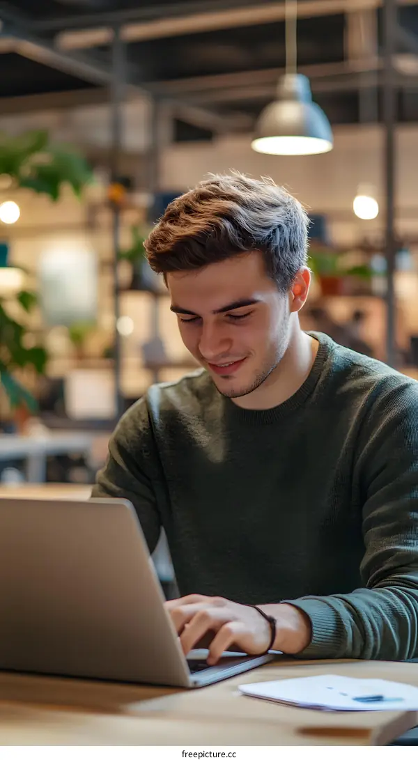 Smiling Man Working on Laptop at Office Desk