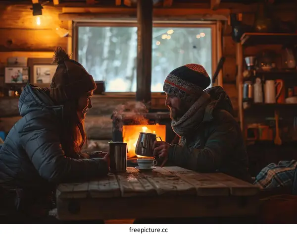 Couple enjoying tea in a cozy cabin