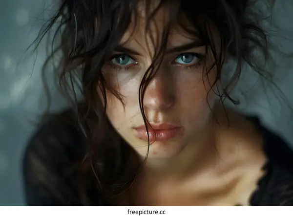 Woman with Blue Eyes and Freckles Looking at Camera