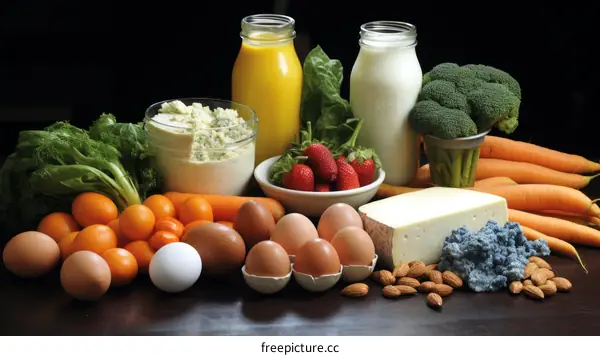 A variety of healthy foods are arranged on a wooden table.