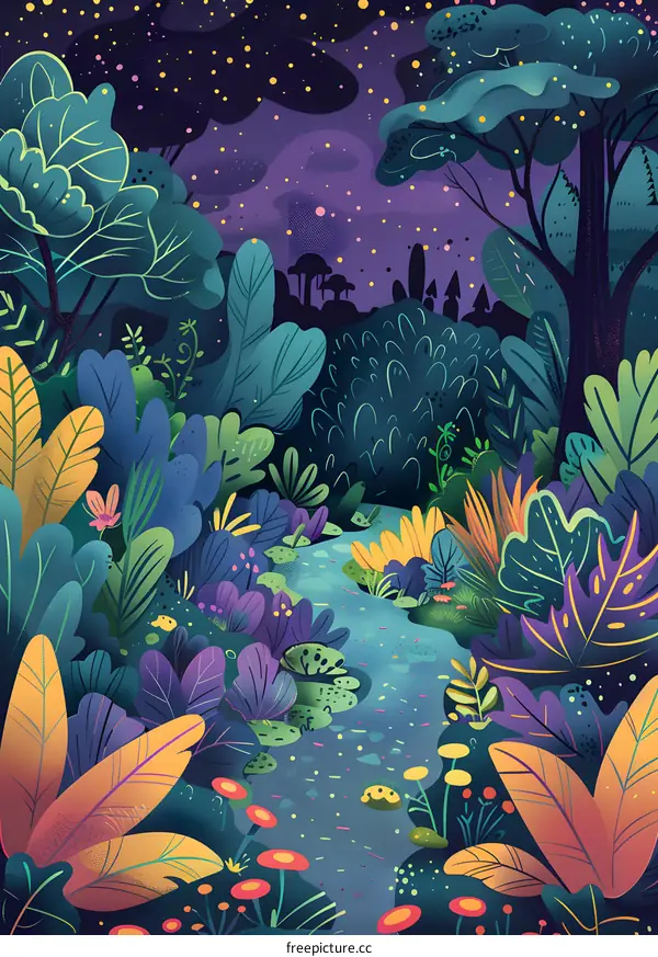 Fantasy Forest Illustration with Night Sky and Creek