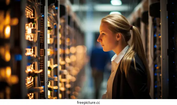 Female IT specialist examining server in data center
