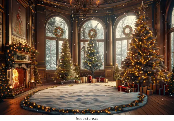 Ornate Christmas Living Room with Three Trees and Presents by the Fireplace