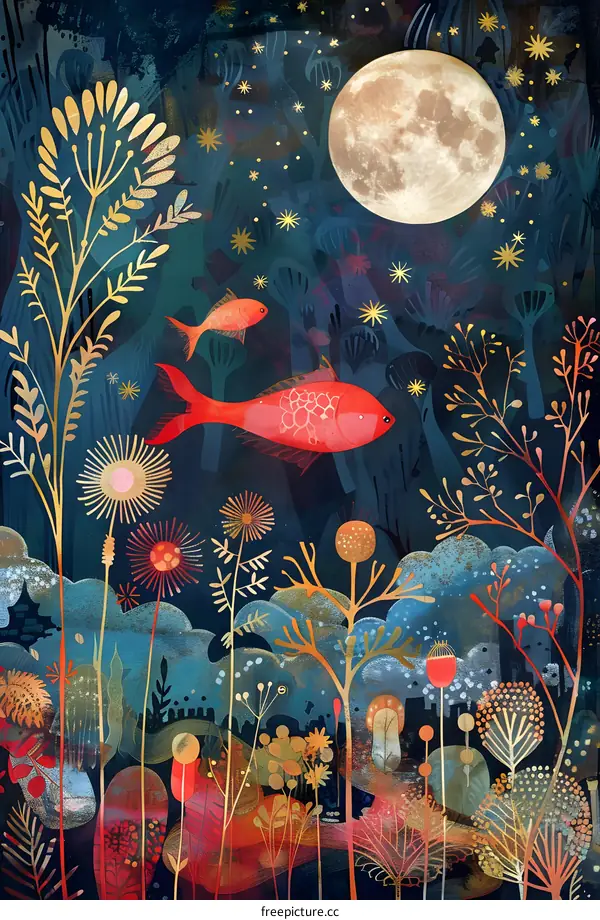 Night Sky with Abstract Flowers and Fish