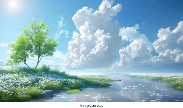 Dandelions are in full bloom on the green grass by the river, and white clouds are floating above the river