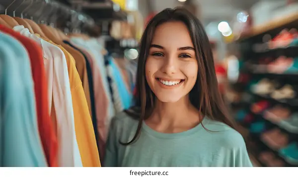 Smiling Woman Shopping for Clothes in a Store