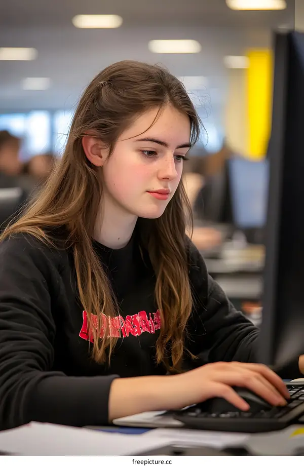 Young Woman Working on a Computer in an Office