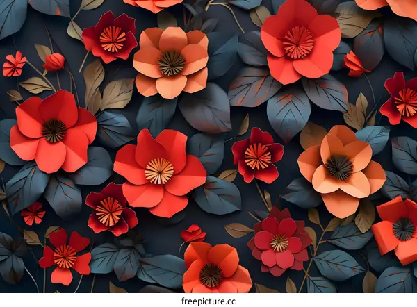 Paper Flowers in Red Orange and Blue