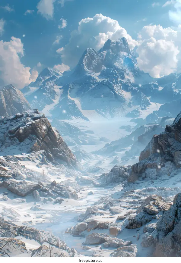 Majestic Snow-Covered Mountain Landscape with Giant Rocks