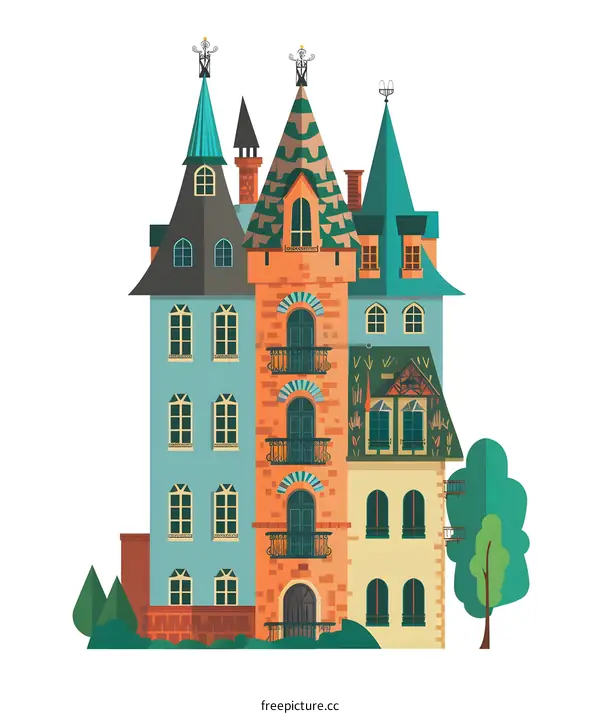 Colorful Cartoon Building with Three Towers and Green Trees