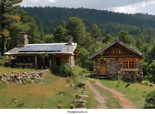 Two small stone cottages with solar panels on the roof in the middle of a forest