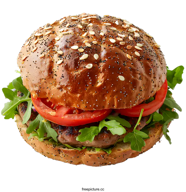 [Transparent Background PNG]Delicious burger with arugula and tomatoes