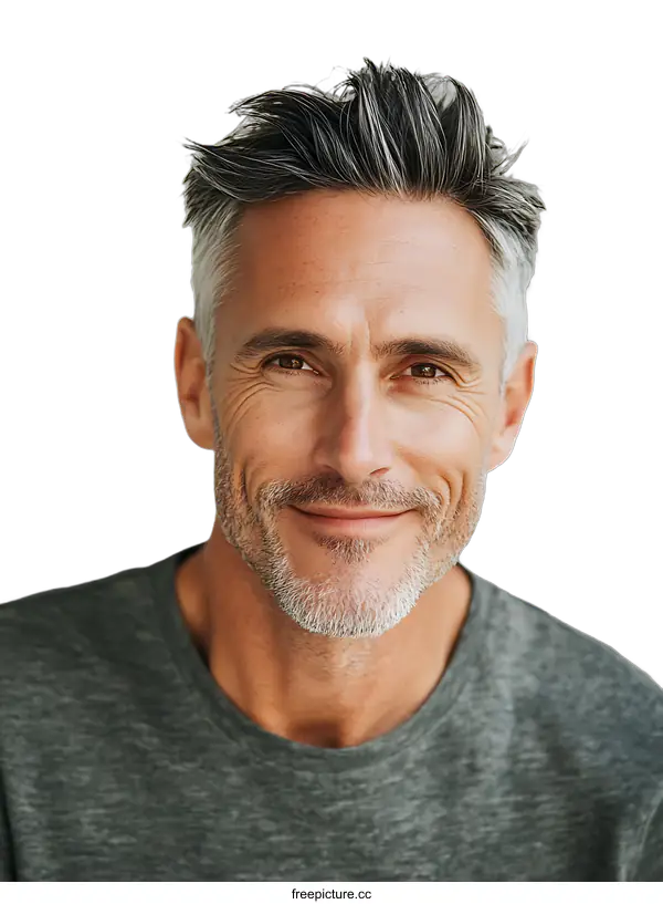 [Transparent Background PNG]Smiling Caucasian Man with Grey Hair Looking Directly at the Camera