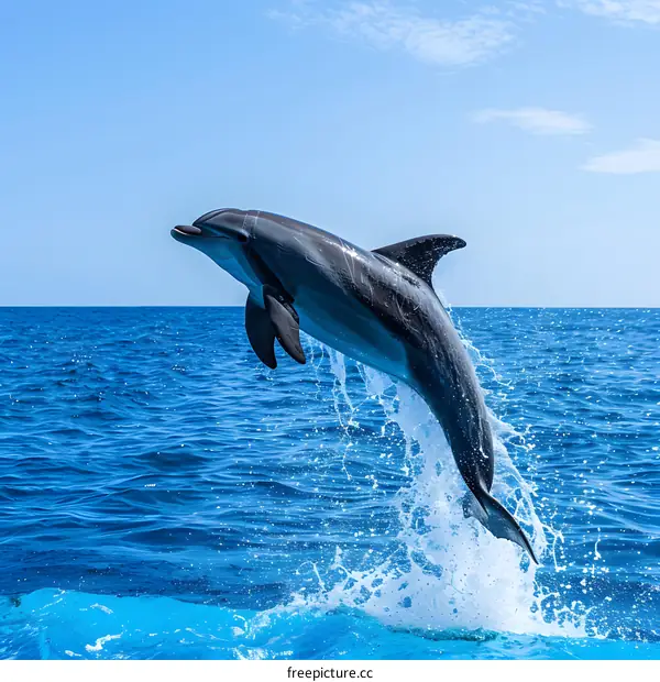 A bottlenose dolphin jumps out of the water.