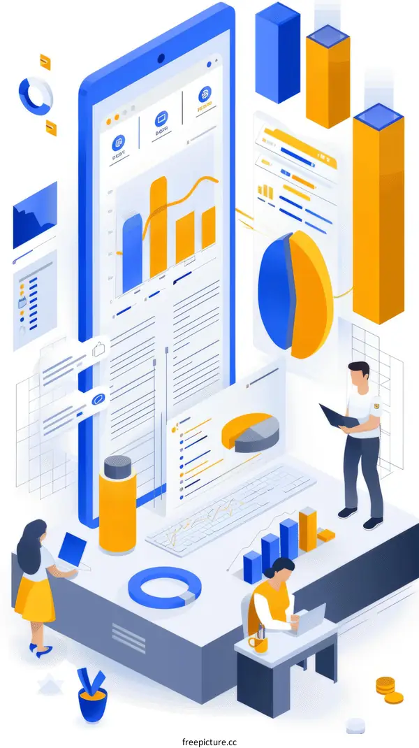 Isometric illustration of people working on a business intelligence dashboard