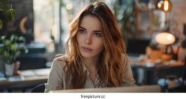 A young redheaded woman working in an office