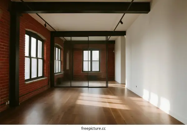 Modern empty room with brick walls and wooden floors
