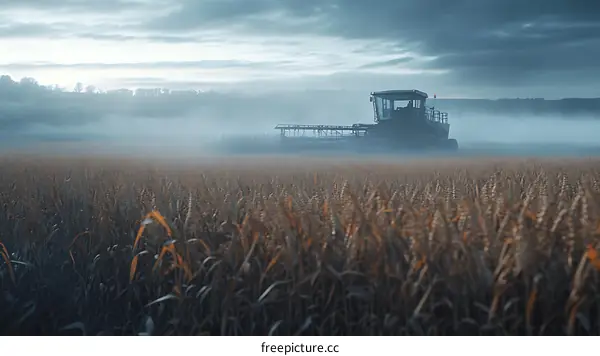 Misty Wheat Field with Harvesting Machine
