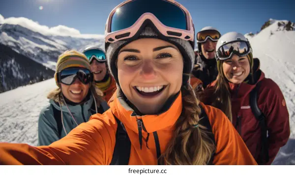 A group of friends skiing down a snowy mountain